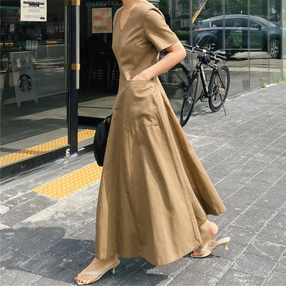 Women Short Sleeves Pocket V Neck Long Maxi Dresses-STYLEGOING