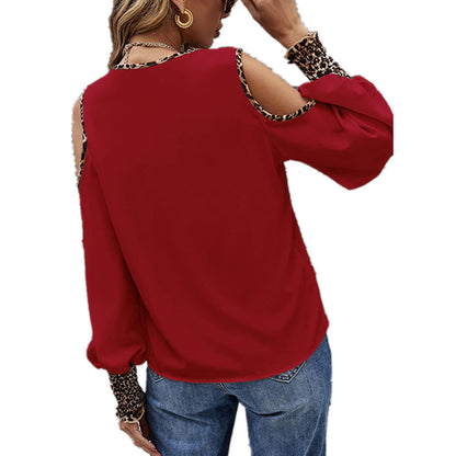 Casual Leopard V Neck Long Sleeves Women T Shirts