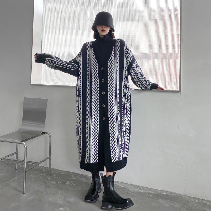 Casual Black Striped Long Knitting Cardigan Tops