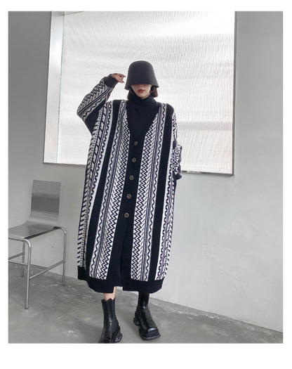 Casual Black Striped Long Knitting Cardigan Tops