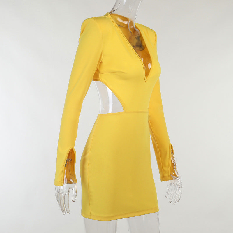 Women Sexy V Neck Midriff Long Sleeves Dresses