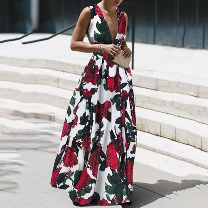 Sexy Floral Print Sleeveless Summer Women Long Dresses