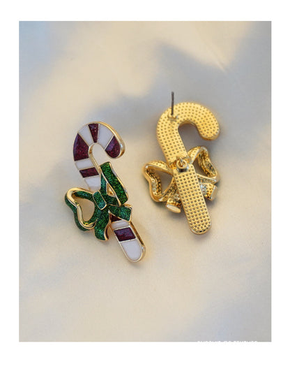 Merry Christmas Walking Stick Design Stubs Earrings