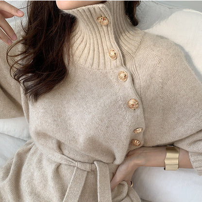 Loose Turtleneck Lace Up Knitted Winter Long Dresses