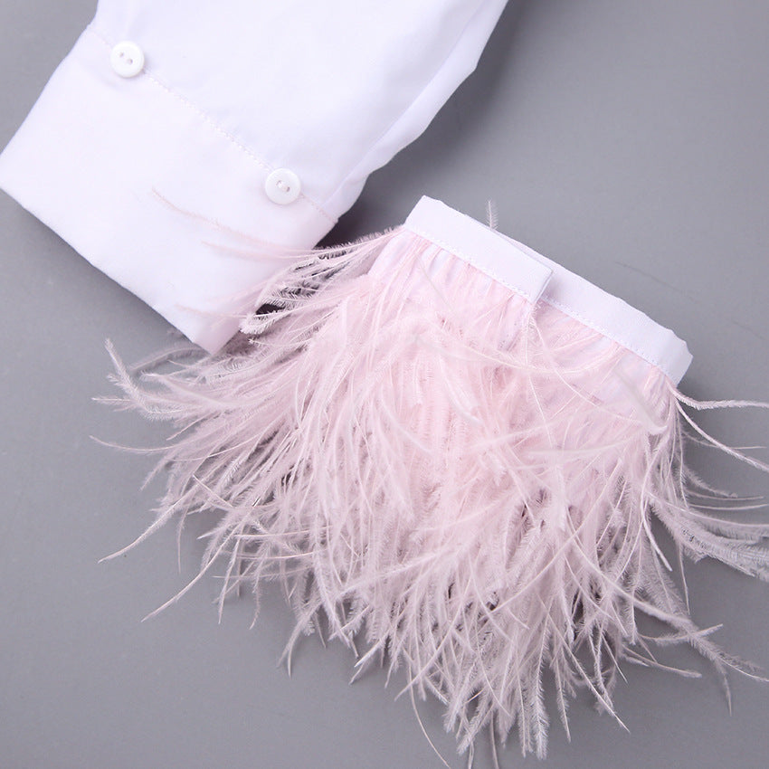 Fashion Women Long Sleeves Feather Design White Shirts