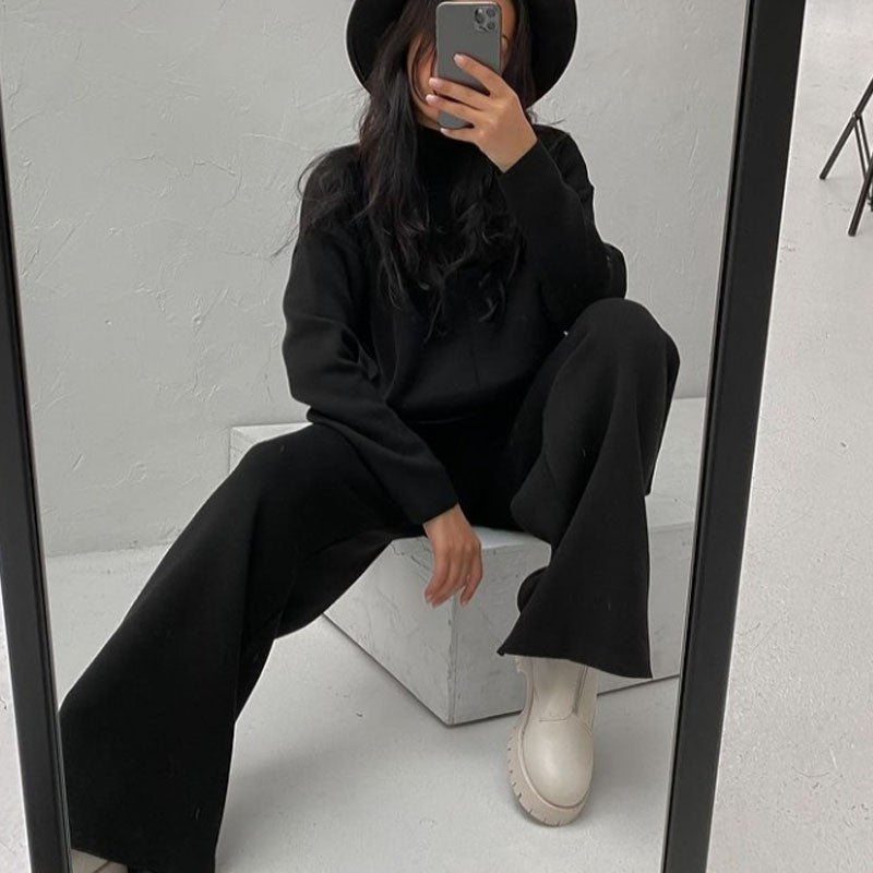 Winter Long Sleeves Knitted Tops and Wide Leg Pants