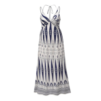 Summer Women V Neck Backless Long Maxi Dresses-STYLEGOING