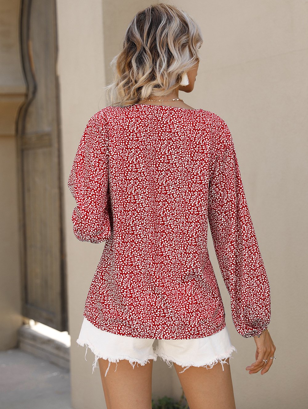Women Small Foral V Neck Summer Top Blouses-STYLEGOING