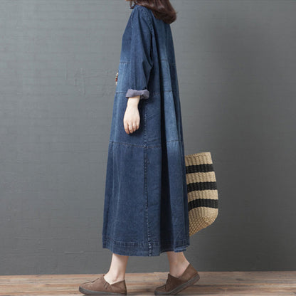 Casual Denim Polo Neck Plus Sizes Long Maxi Dresses