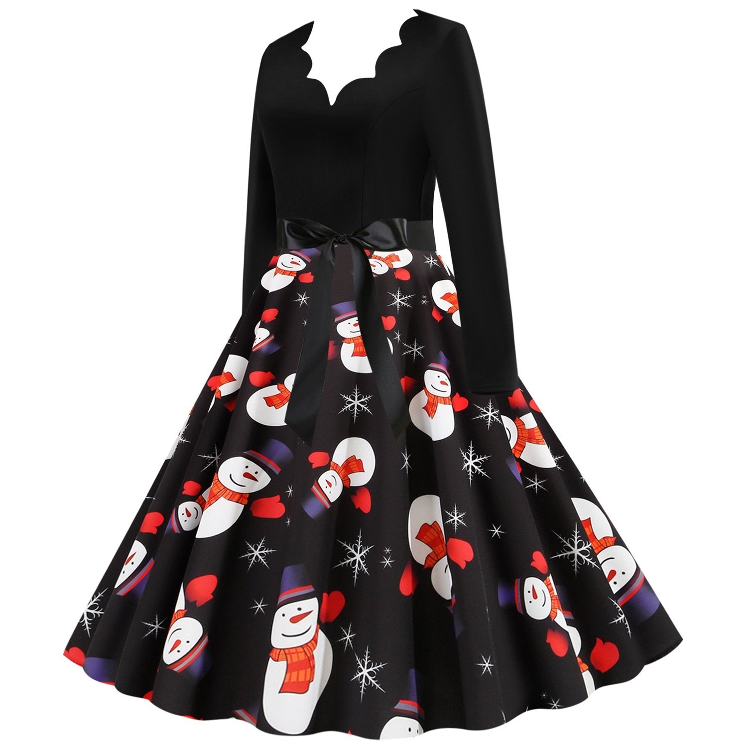 Women Vintage Christmas Snowmen Slim Waist Dresses-STYLEGOING