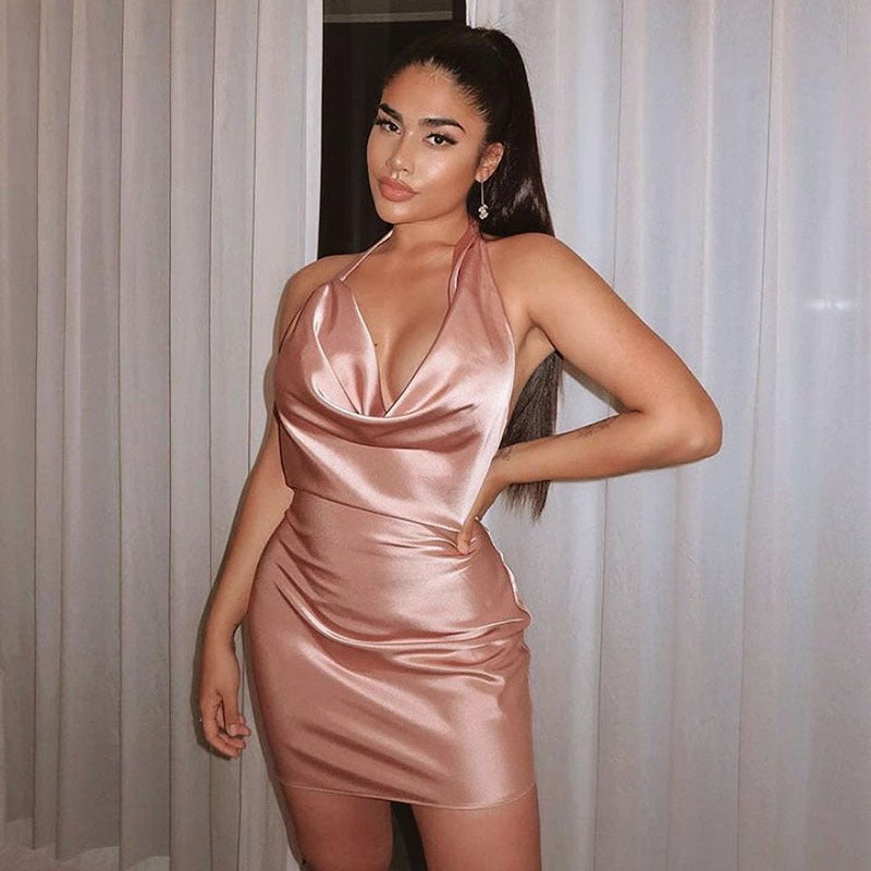 Sexy Halter Backless Satin Women Mini Dresses