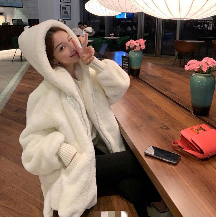 White Warm Winter Artificial Fur Casual Overcoat for Women