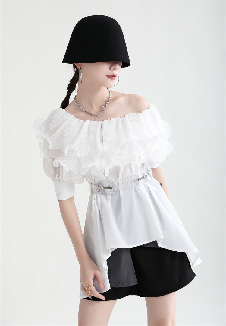 Summer Off The Shoulder Chiffon Ruffled Shirts with Belt for Girls