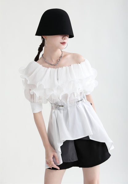 Summer Off The Shoulder Chiffon Ruffled Shirts with Belt for Girls