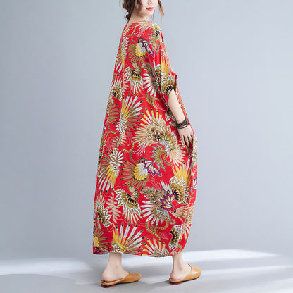 Casual Floral Print Red Plus Sizes Maxi Dresses