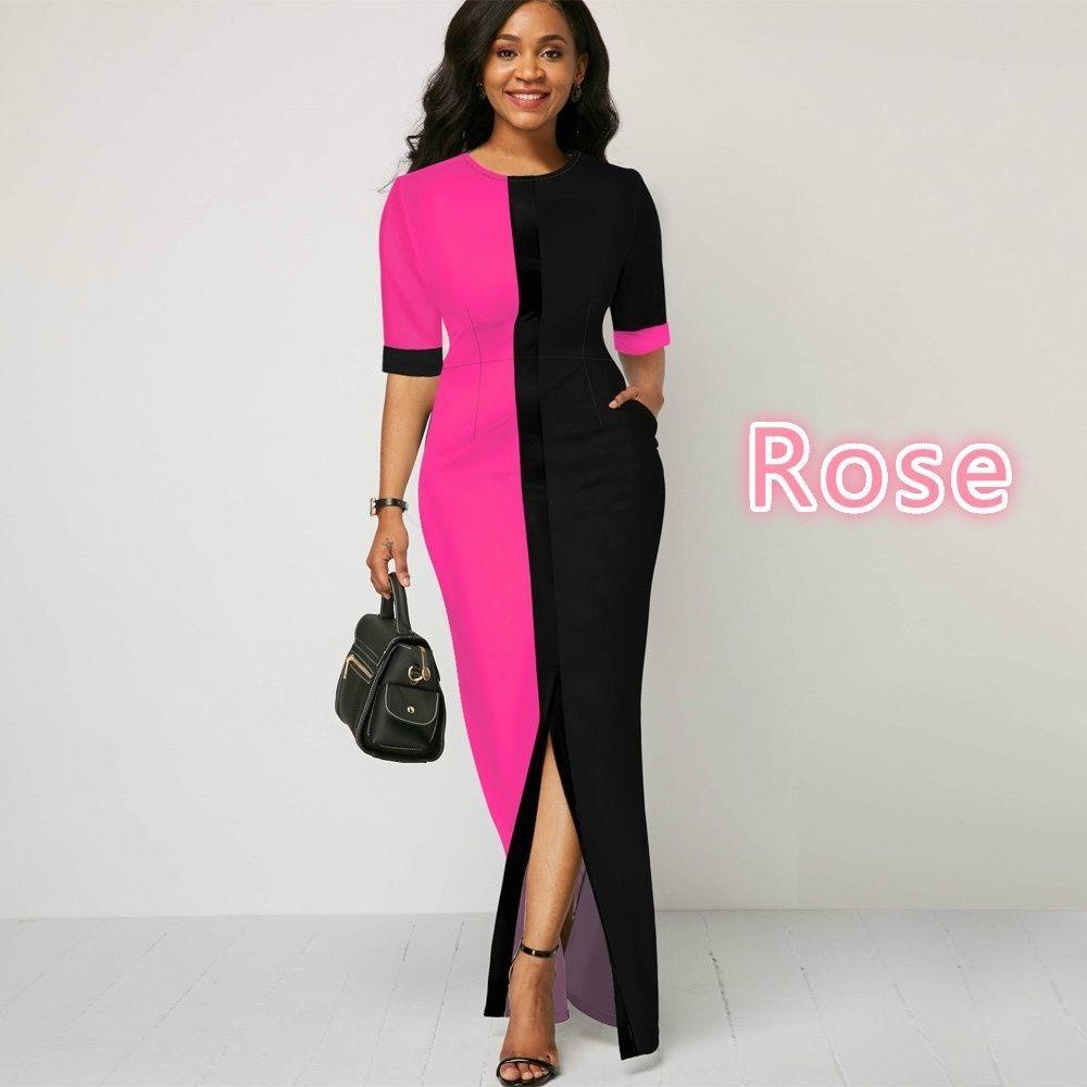 Women Round Neck Split Joint Long Dresses-STYLEGOING