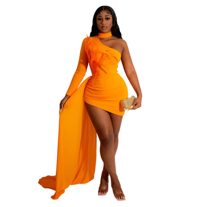 Sexy Feather Design One Shoulder Evening Party Dresses
