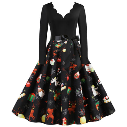Women Long Sleeves V Neck Christmas Winter Dresses-STYLEGOING