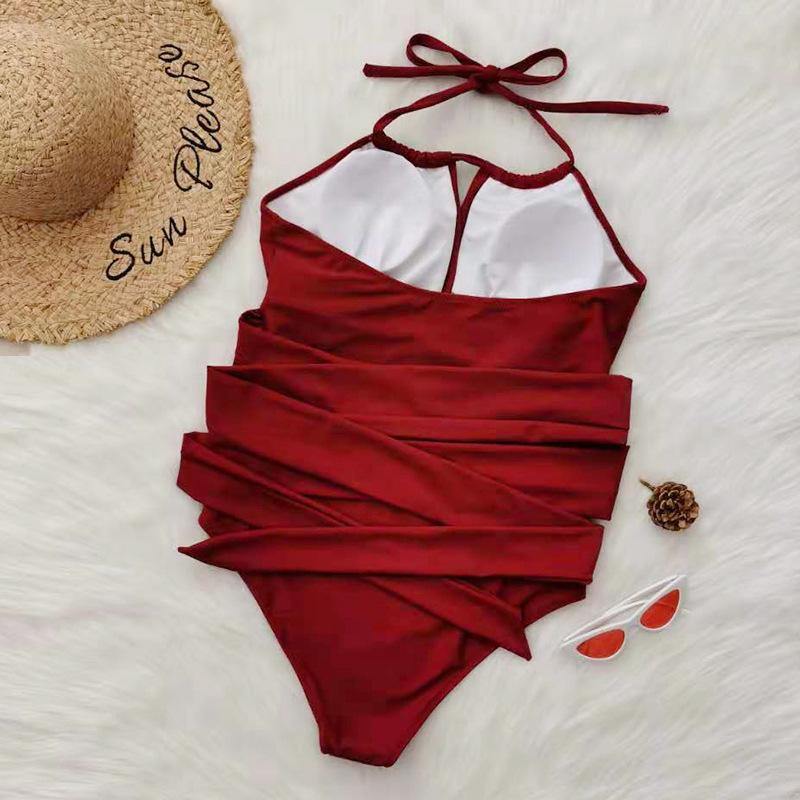 Wine Red Halter Plus Sizes Swimwear-STYLEGOING