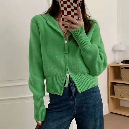 Casual Double Zippered Short Knitting Hoodies Sweaters