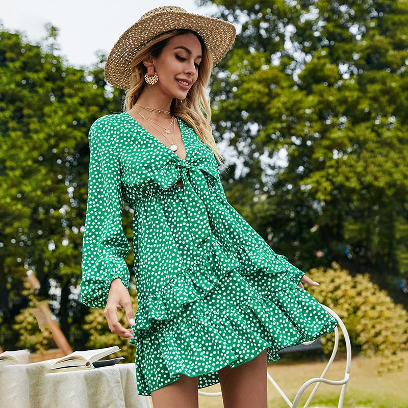 Women V Neck A Line High Waist Polk Dot Dresses-STYLEGOING