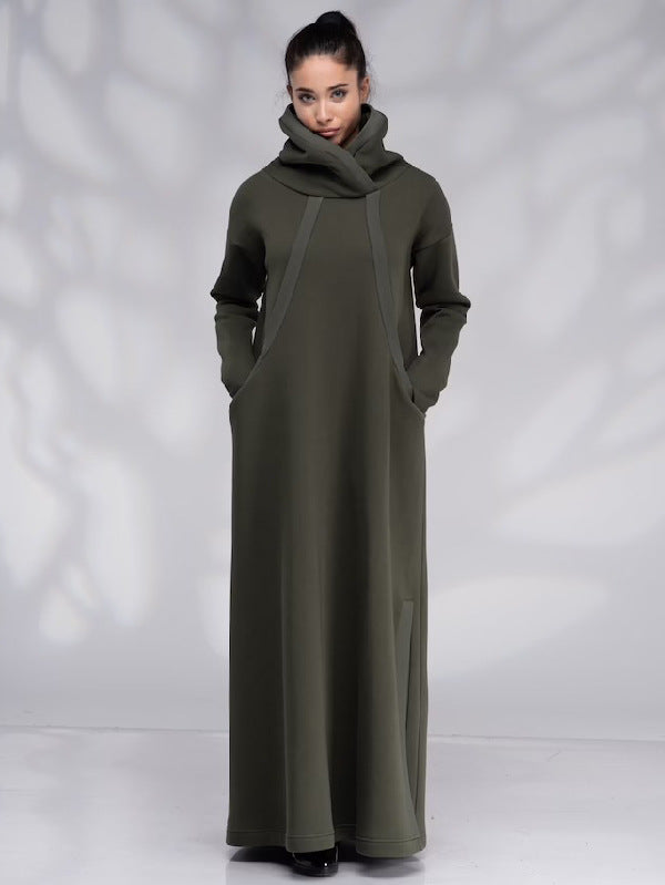 Casual Army Green High Neck Fall Long Dresses
