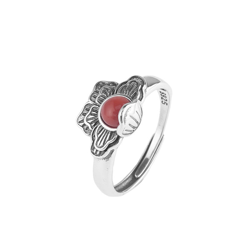 Retro Peony Designed Agate Sterling Silver Rings for Women