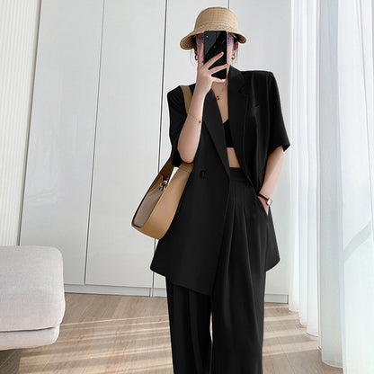 Elegant Short Sleeves Blazer and Wide Leg Pants Summer Outfits for Women
