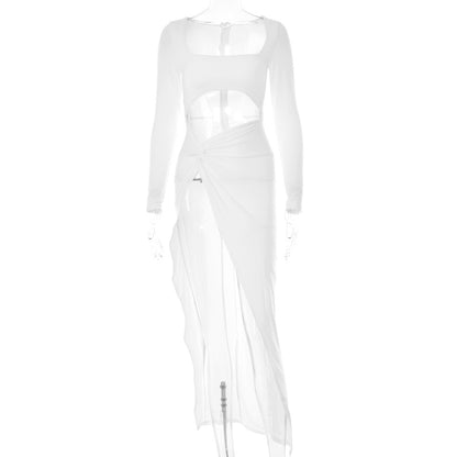 Sexy Square Neckline Split Front Long Sleeves Dresses