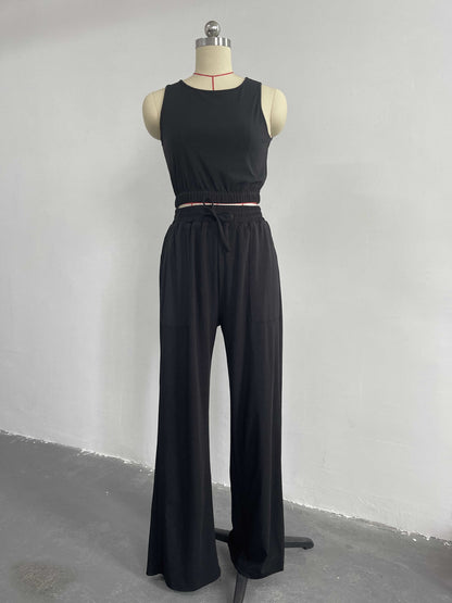 Casual Drawstring Short Tops and Wide Legs Pants