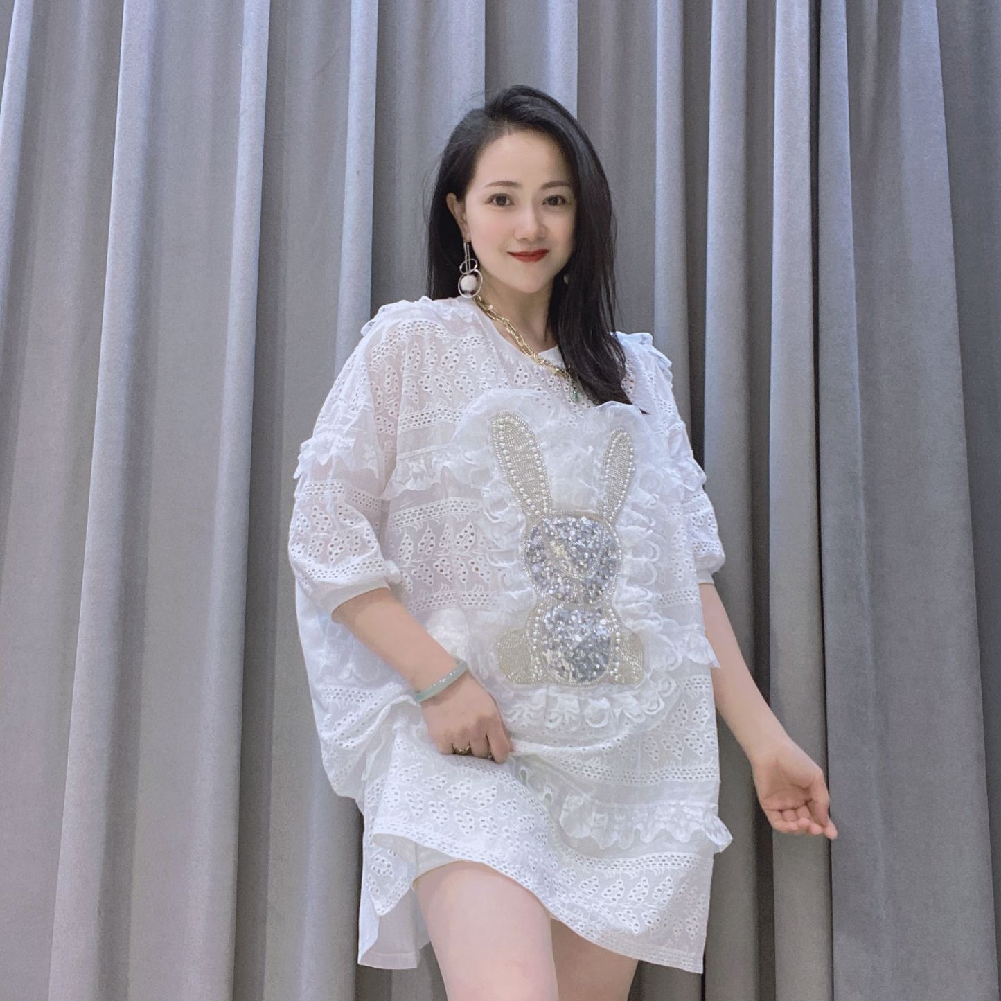 Summer Women Embroidery Pearl Plus Sizes Long Blouses
