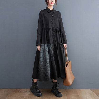 Women Turnover Collar Long Sleeves Shirts Dresses