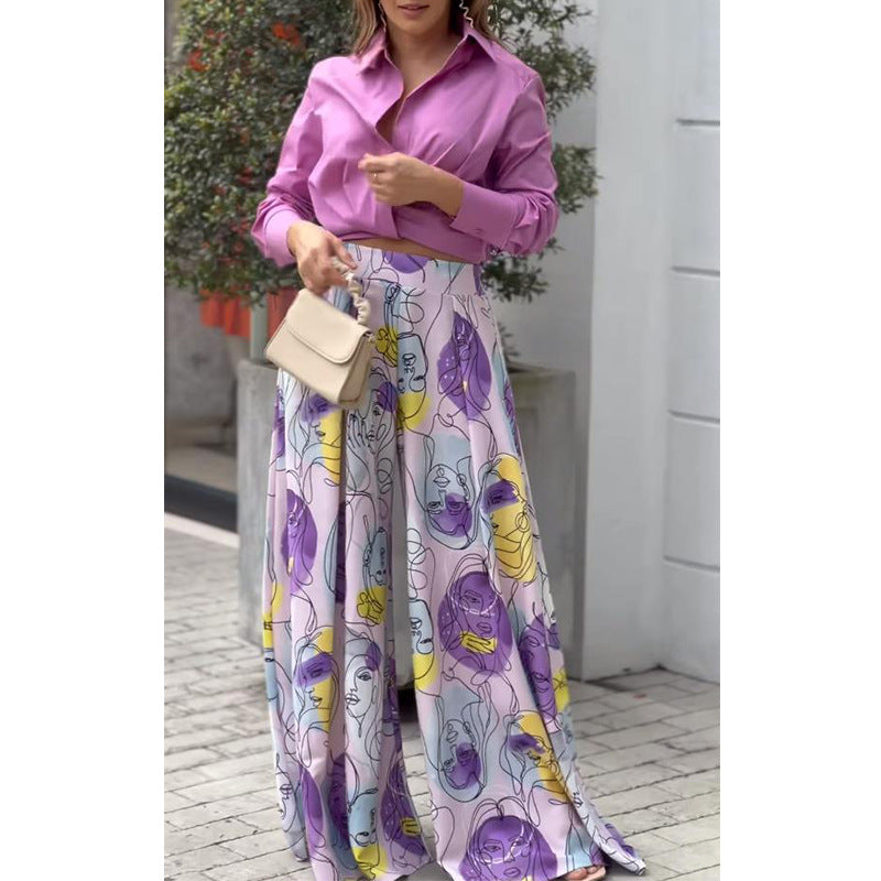 Summer Casual Long Sleeves Shirts and Wide Leg Pants Women Suits