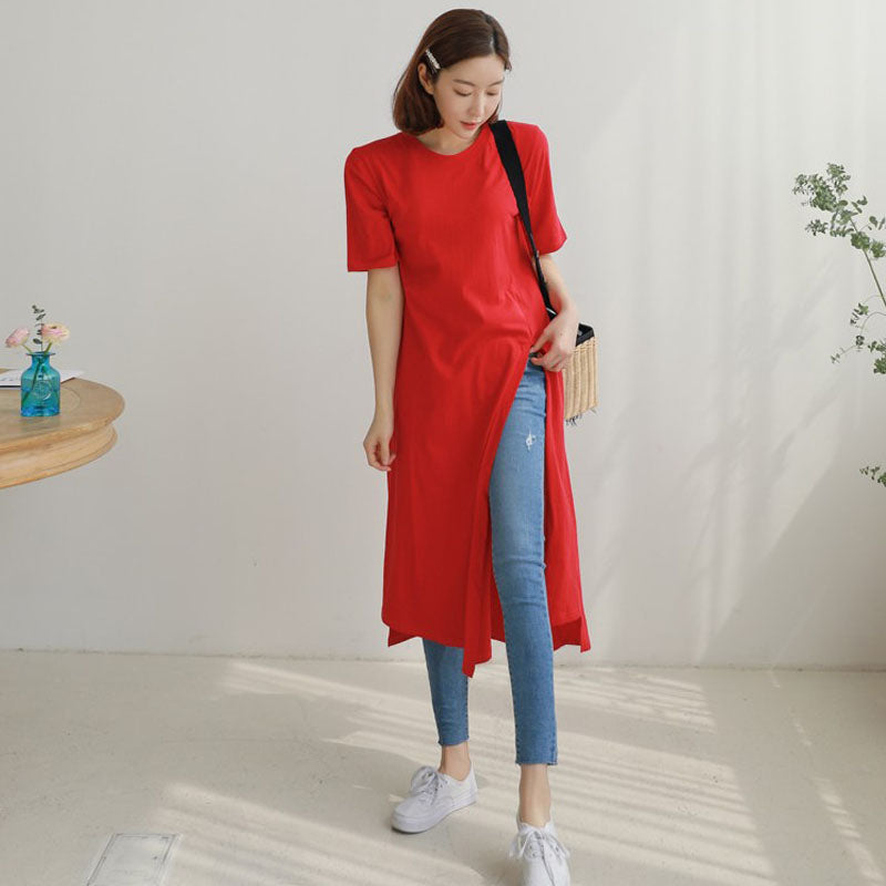 Summer Casual Split Front Short Sleeves Long T Shirts for Women