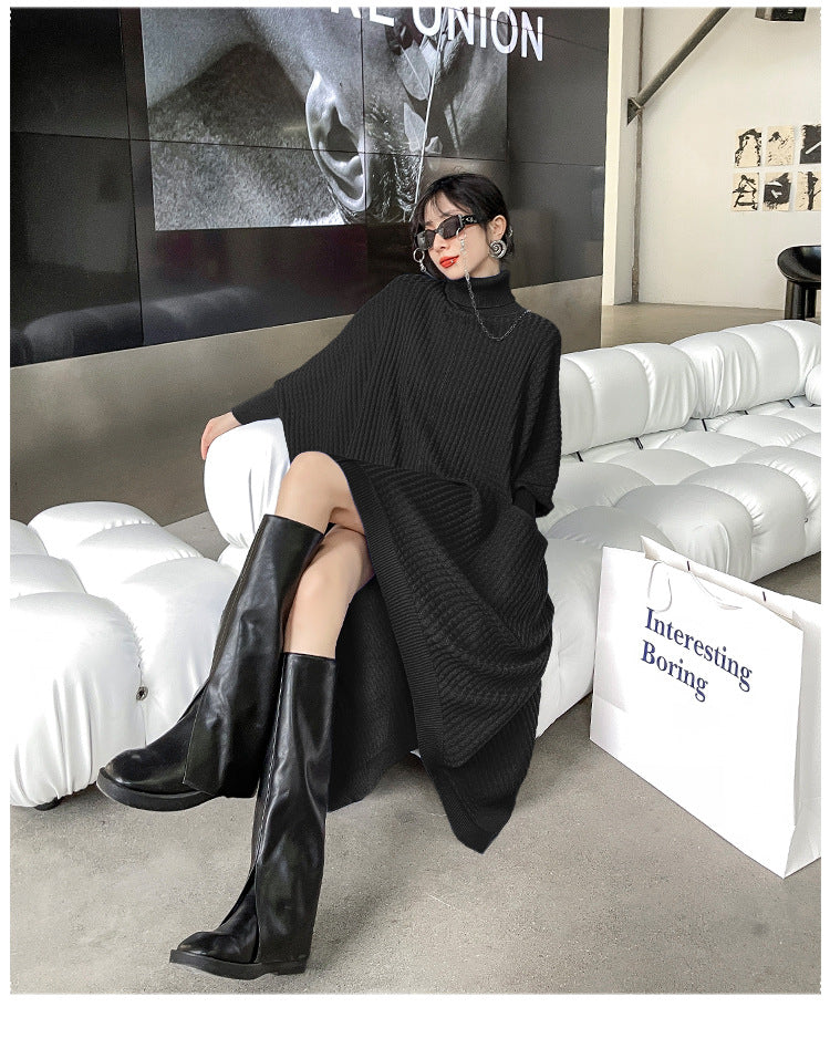 Women High Neck High Low Designed Knitted Long Cozy Dresses