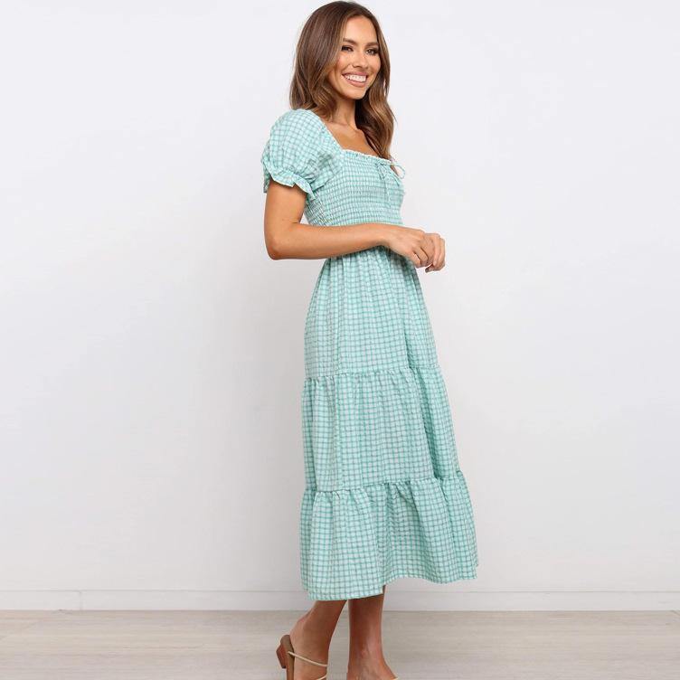 Sweet High Waist Light Green Plaid Long Dresses-STYLEGOING