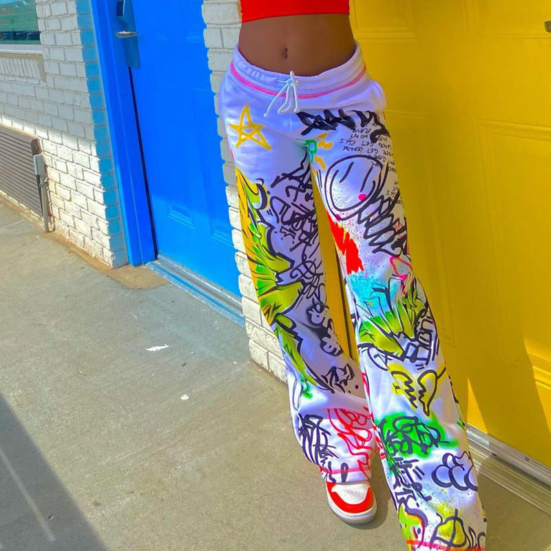 Casual Graffiti Print Wide Legs Pants for Women