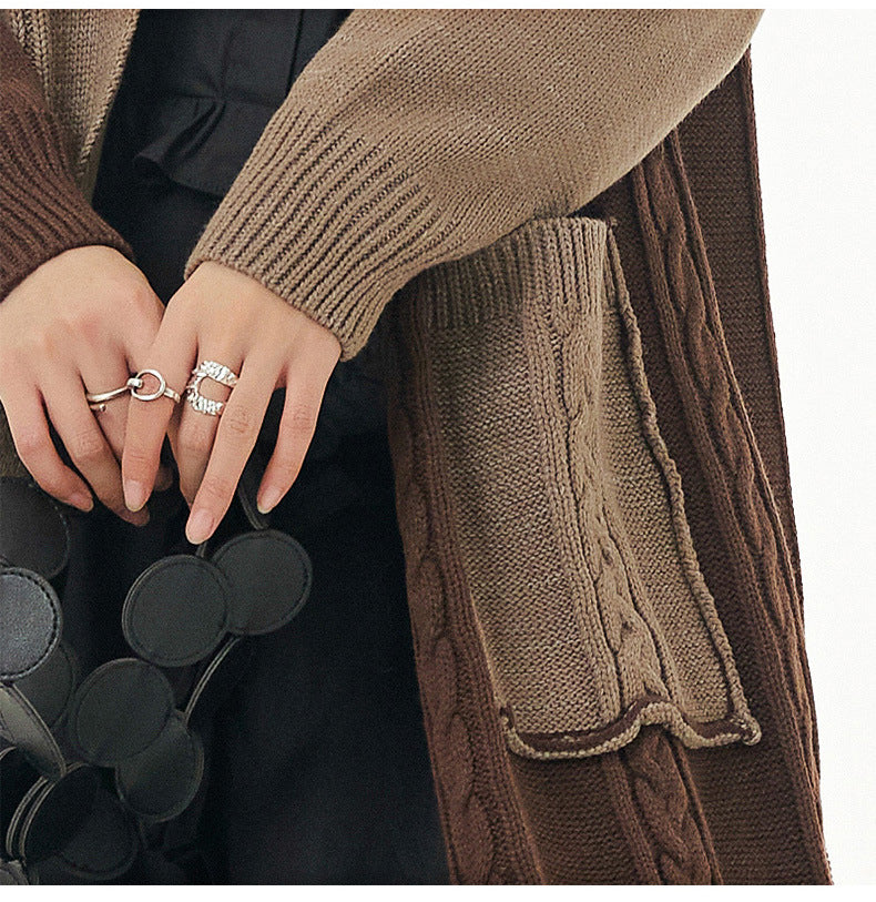 Vintage Contrast Design Long Knitted Coats