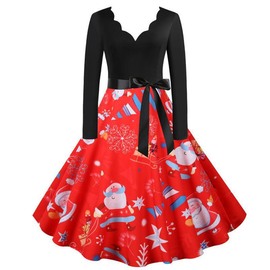 Red V Neck Long Sleeves Christmas Dresses