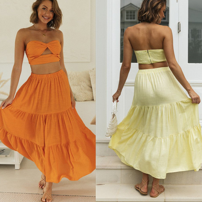 Sexy Women Strapless Tops and Skirts Suits