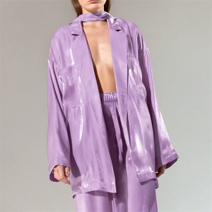 Casual Satin Women Long Sleeves Shirts and Wide Leg Pants