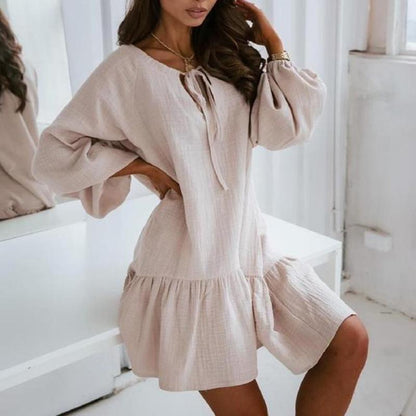 Women Lace Up Linen Long Sleeves Short Dresses-STYLEGOING