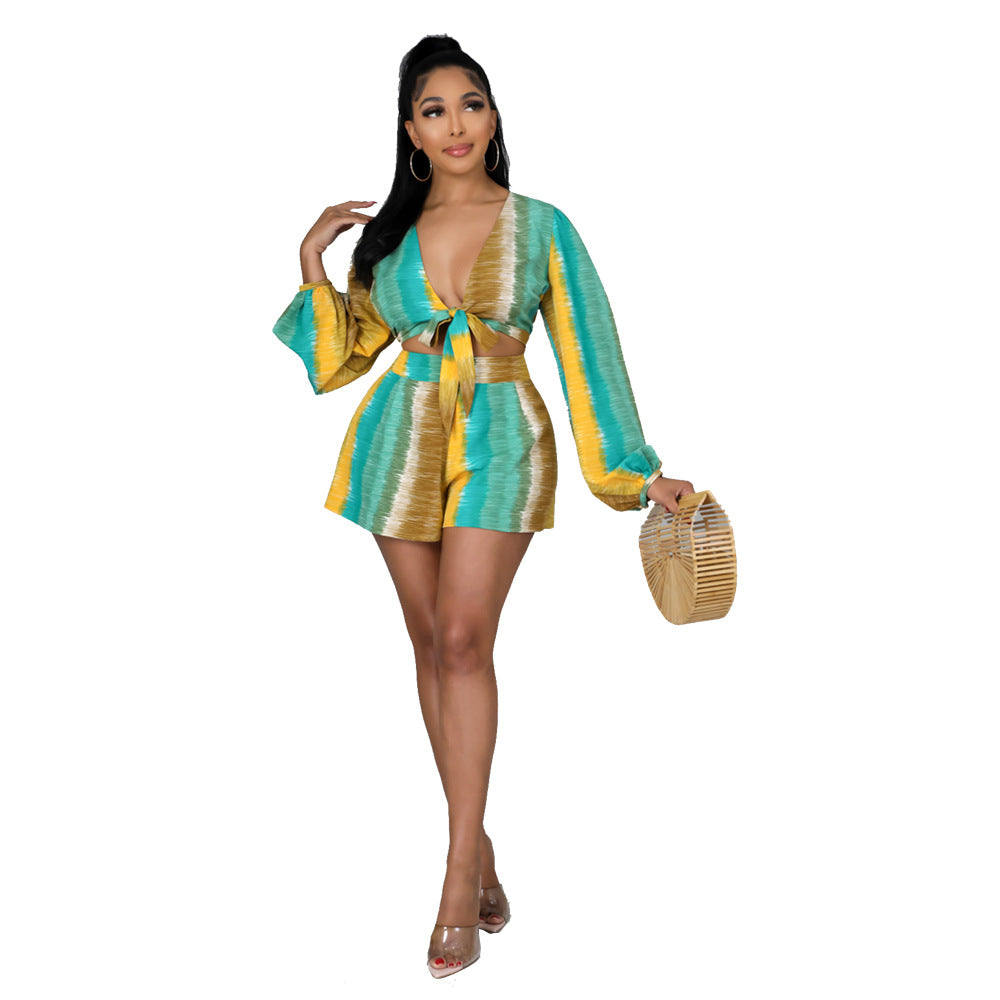 Casual Long Sleeves Two Pieces Short Suits