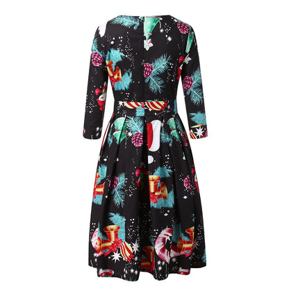 Merry Christmas Round Neck 3/4 Length Short Dresses