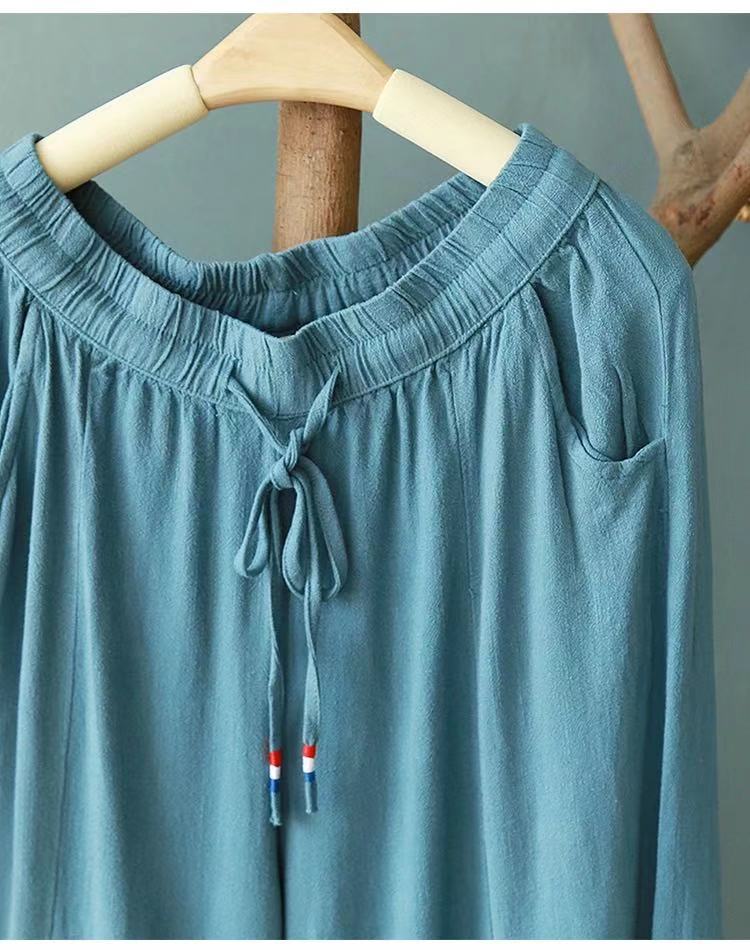 Vintage Linen Elastic Waist Summer Wide Legs Pants for Women