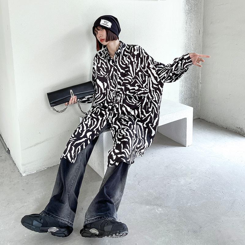 Women Long Sleeves Zebra Print Plus Sizes Shirts-STYLEGOING
