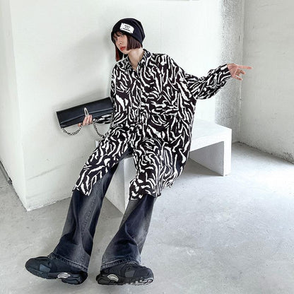 Women Long Sleeves Zebra Print Plus Sizes Shirts-STYLEGOING