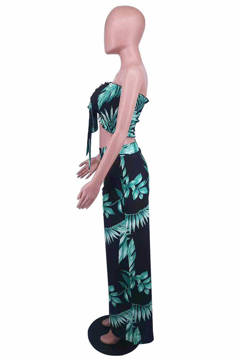 Summer Sexy Leaf Print Two Pieces Suits