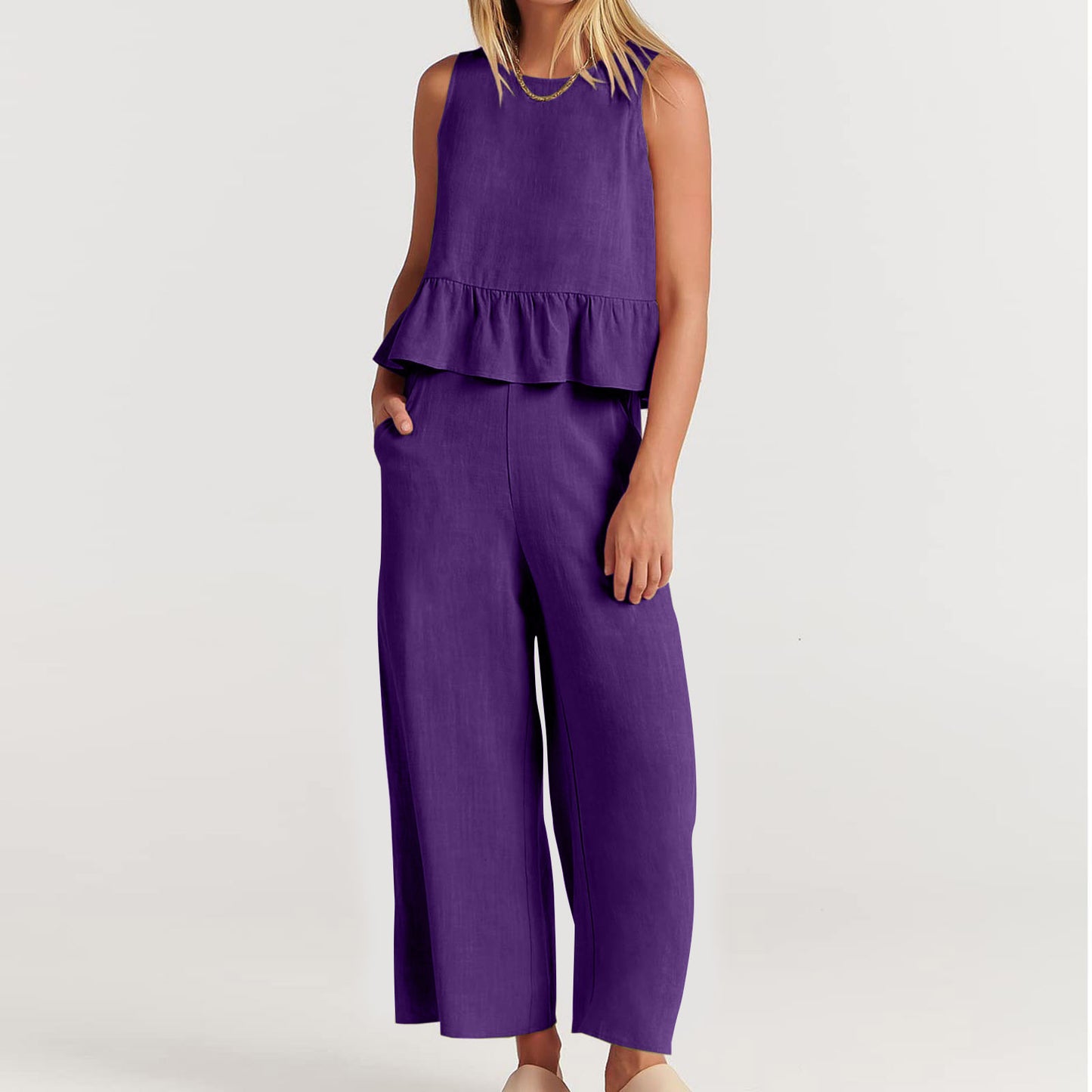 Summer Sleeveless Linen Two Pieces Women Suits