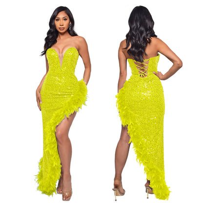 Gorgeous Strapless Sequined Feather Decoration Party Dresses